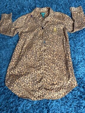 Ralph Lauren Brown Leopard Print Button-Up Sleep Shirt with Purple collar accent
